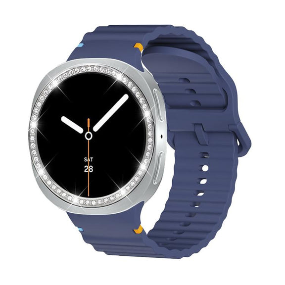 For Samsung Galaxy Watch8 40mm Diamond Bezel and Wavy Grain Stitched Color Buckle Silicone Watch Band(Midnight Blue Silver)