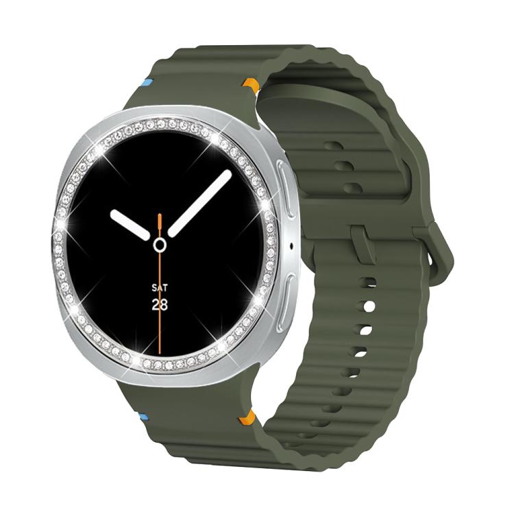For Samsung Galaxy Watch8 40mm Diamond Bezel and Wavy Grain Stitched Color Buckle Silicone Watch Band(Army Green Silver)
