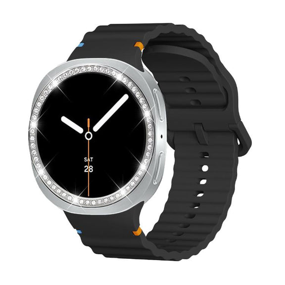 For Samsung Galaxy Watch8 40mm Diamond Bezel and Wavy Grain Stitched Color Buckle Silicone Watch Band(Black Silver)