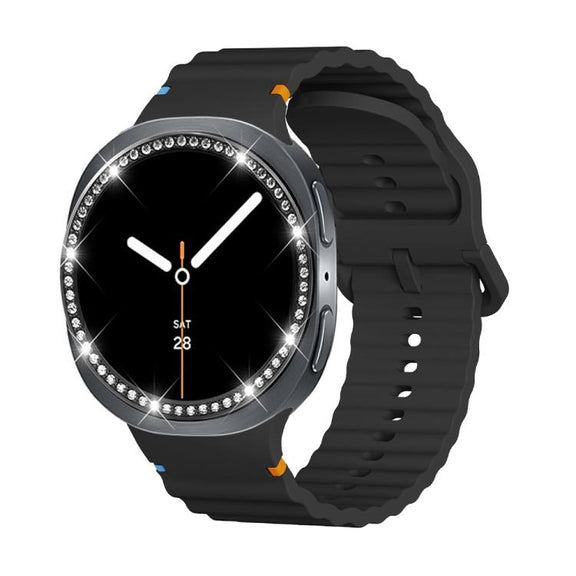 For Samsung Galaxy Watch8 40mm Diamond Bezel and Wavy Grain Stitched Color Buckle Silicone Watch Band(Black Black)