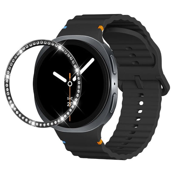 For Samsung Galaxy Watch8 40mm Diamond Bezel and Wavy Grain Stitched Color Buckle Silicone Watch Band(Black Black)