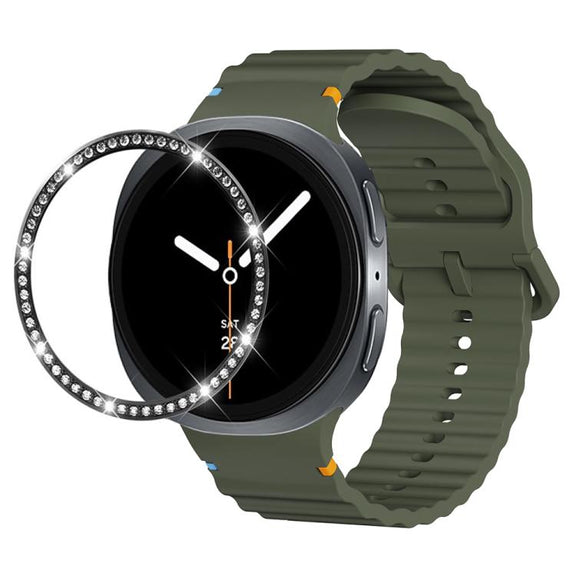 For Samsung Galaxy Watch8 40mm Diamond Bezel and Wavy Grain Stitched Color Buckle Silicone Watch Band(Army Green Black)