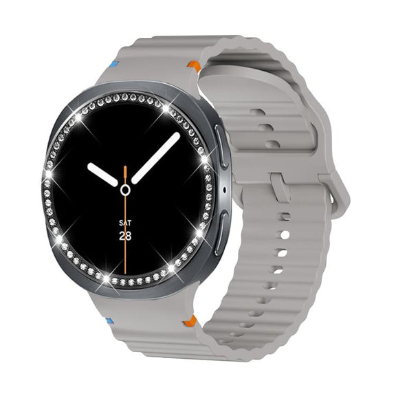 For Samsung Galaxy Watch8 40mm Diamond Bezel and Wavy Grain Stitched Color Buckle Silicone Watch Band(Gray Black)