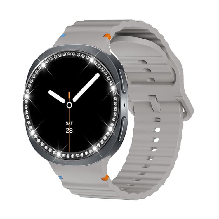 For Samsung Galaxy Watch8 40mm Diamond Bezel and Wavy Grain Stitched Color Buckle Silicone Watch Band(Gray Black)