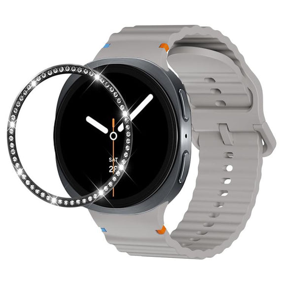 For Samsung Galaxy Watch8 40mm Diamond Bezel and Wavy Grain Stitched Color Buckle Silicone Watch Band(Gray Black)