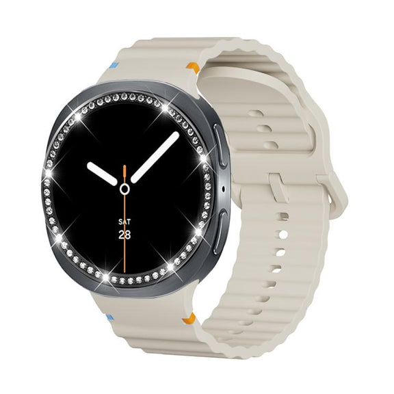 For Samsung Galaxy Watch8 40mm Diamond Bezel and Wavy Grain Stitched Color Buckle Silicone Watch Band(Beige Black)