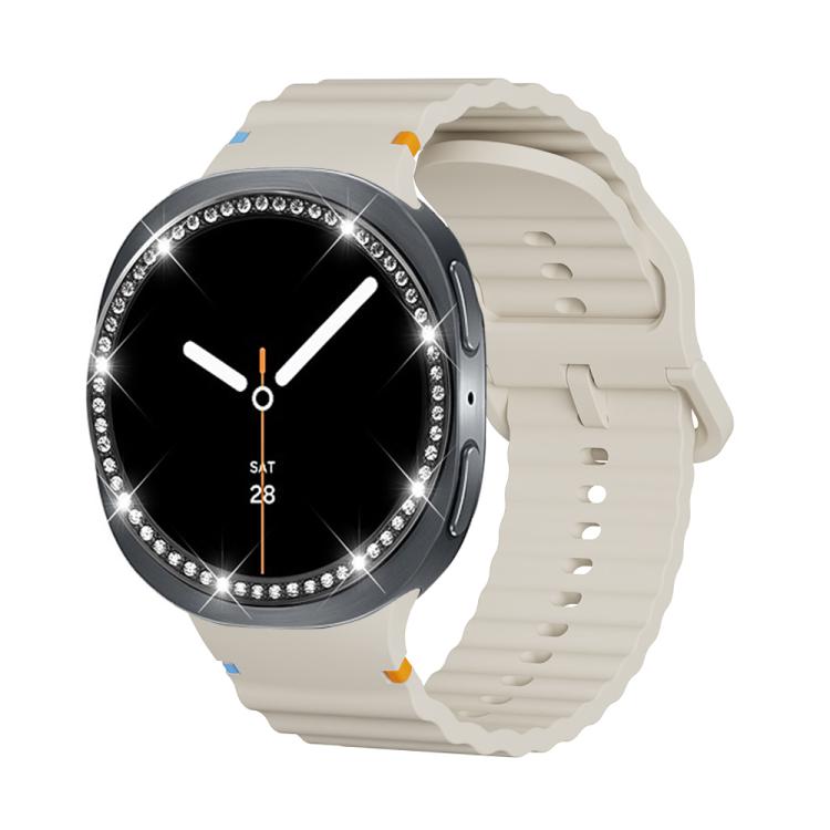 For Samsung Galaxy Watch8 40mm Diamond Bezel and Wavy Grain Stitched Color Buckle Silicone Watch Band(Beige Black)