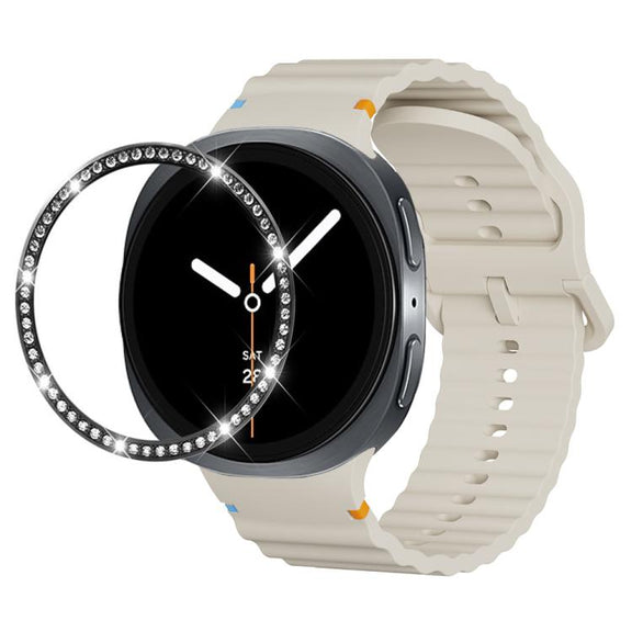 For Samsung Galaxy Watch8 40mm Diamond Bezel and Wavy Grain Stitched Color Buckle Silicone Watch Band(Beige Black)