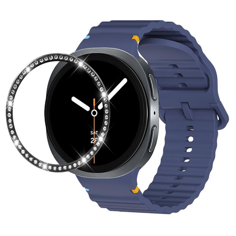 For Samsung Galaxy Watch8 40mm Diamond Bezel and Wavy Grain Stitched Color Buckle Silicone Watch Band(Midnight Blue Black) - free shipping - PMC TechLife - Order now!