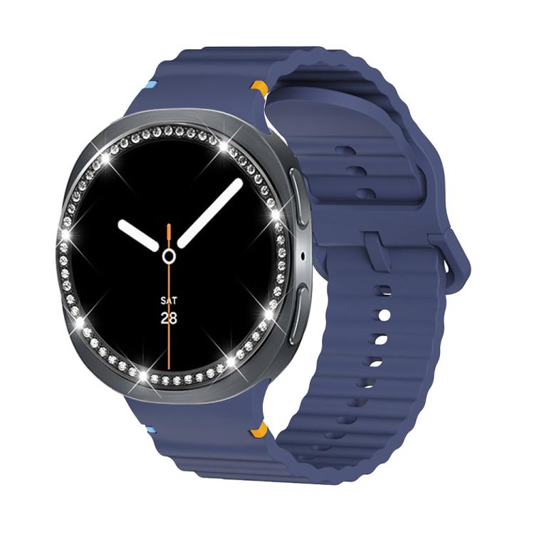 For Samsung Galaxy Watch8 40mm Diamond Bezel and Wavy Grain Stitched Color Buckle Silicone Watch Band(Midnight Blue Black)