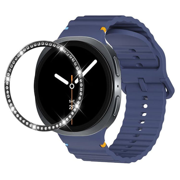 For Samsung Galaxy Watch8 40mm Diamond Bezel and Wavy Grain Stitched Color Buckle Silicone Watch Band(Midnight Blue Black)