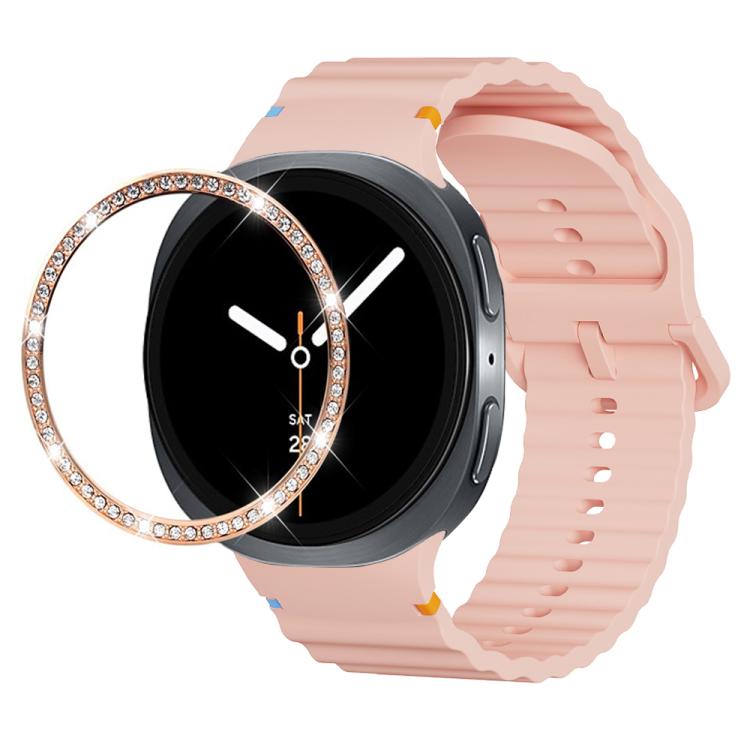 For Samsung Galaxy Watch8 40mm Diamond Bezel and Wavy Grain Stitched Color Buckle Silicone Watch Band(Pink Rose Gold) - free shipping - PMC TechLife - Order now!