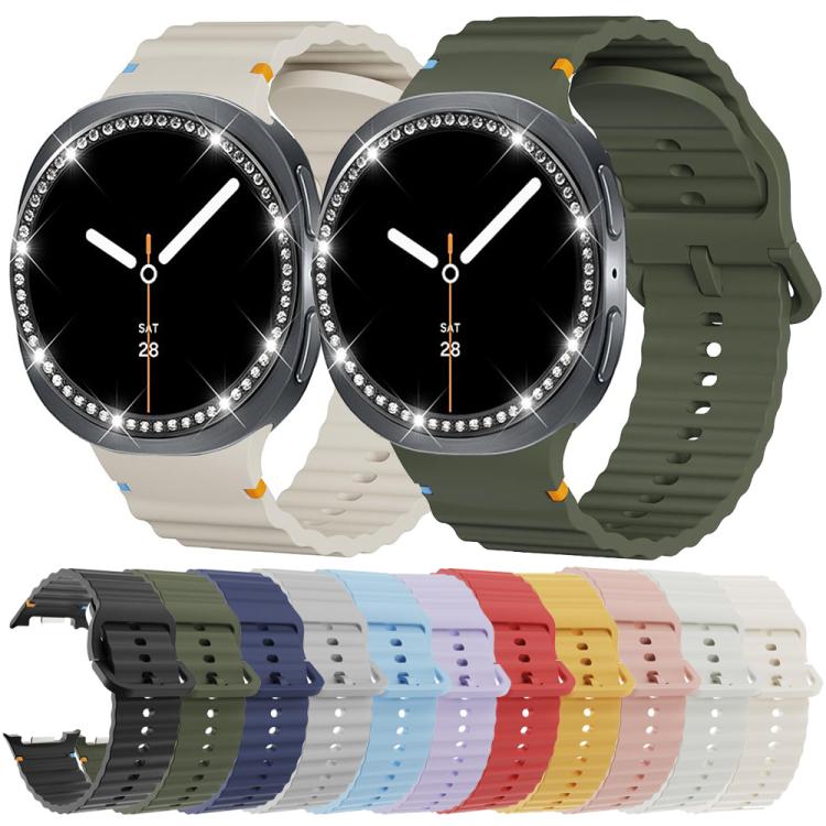 For Samsung Galaxy Watch8 44mm Diamond Bezel and Wavy Grain Stitched Color Buckle Silicone Watch Band(Black Silver)