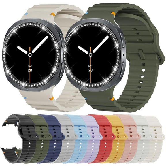 For Samsung Galaxy Watch8 40mm Diamond Bezel and Wavy Grain Stitched Color Buckle Silicone Watch Band(Light Blue Silver)