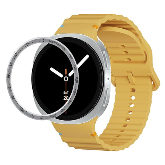 For Samsung Galaxy Watch8 44mm Speed Bezel and Wavy Grain Stitched Color Buckle Silicone Watch Band(Yellow Silver)