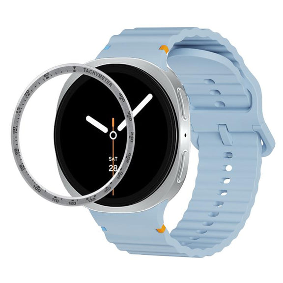 For Samsung Galaxy Watch8 44mm Speed Bezel and Wavy Grain Stitched Color Buckle Silicone Watch Band(Light Blue Silver)