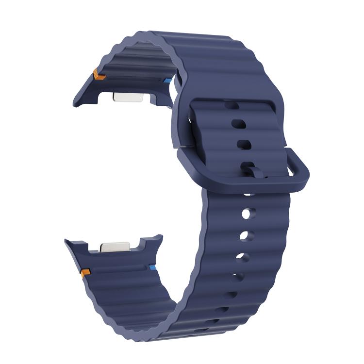 For Samsung Galaxy Watch8 44mm Speed Bezel and Wavy Grain Stitched Color Buckle Silicone Watch Band(Midnight Blue Silver)