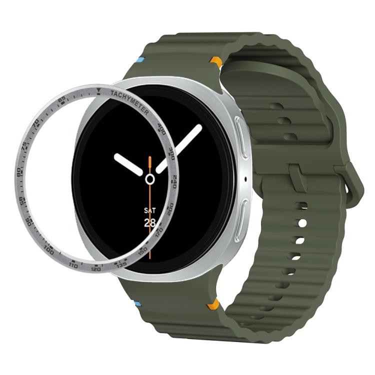 For Samsung Galaxy Watch8 44mm Speed Bezel and Wavy Grain Stitched Color Buckle Silicone Watch Band(Army Green Silver) - free shipping - PMC TechLife - Order now!