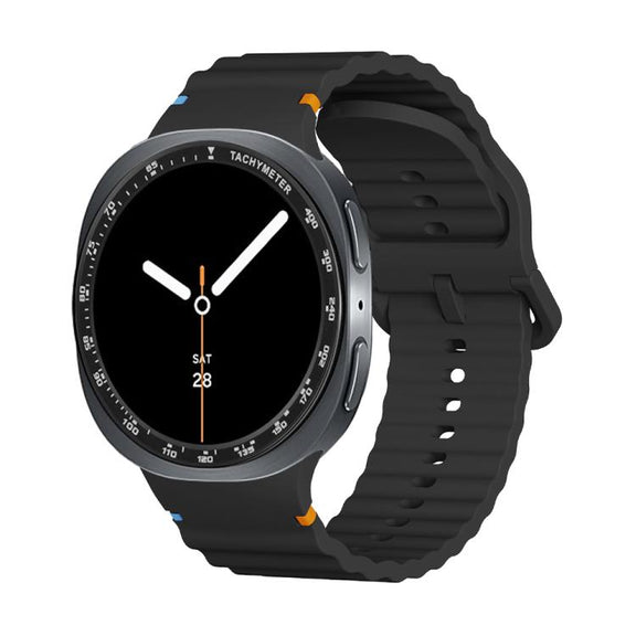 For Samsung Galaxy Watch8 44mm Speed Bezel and Wavy Grain Stitched Color Buckle Silicone Watch Band(Black Black)