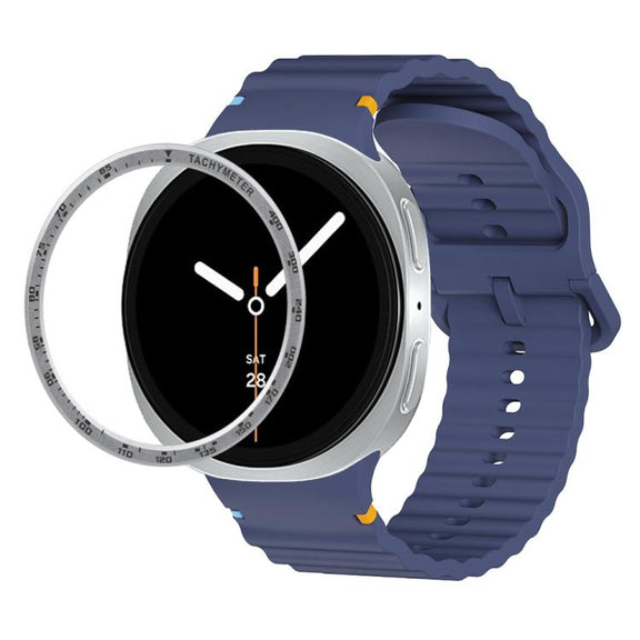 For Samsung Galaxy Watch8 40mm Speed Bezel and Wavy Grain Stitched Color Buckle Silicone Watch Band(Midnight Blue Silver)