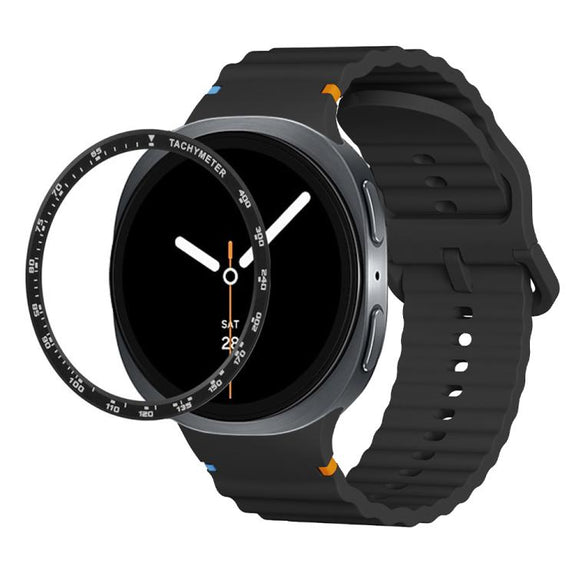 For Samsung Galaxy Watch8 40mm Speed Bezel and Wavy Grain Stitched Color Buckle Silicone Watch Band(Black Black)