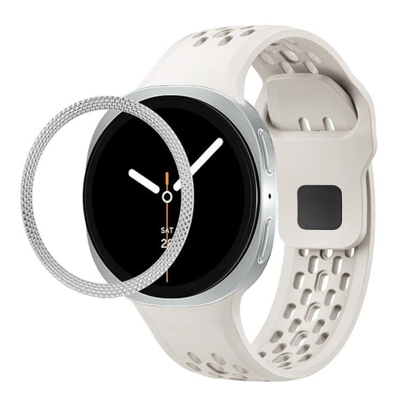 For Samsung Galaxy Watch8 44mm Rhombic Texture Bezel and Black Reverse Buckle Silicone Watch Band(Beige Silver)