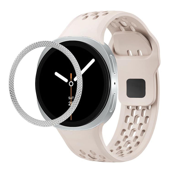 For Samsung Galaxy Watch8 44mm Rhombic Texture Bezel and Black Reverse Buckle Silicone Watch Band(Starlight Silver)