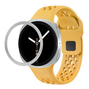 For Samsung Galaxy Watch8 44mm Rhombic Texture Bezel and Black Reverse Buckle Silicone Watch Band(Yellow Silver)