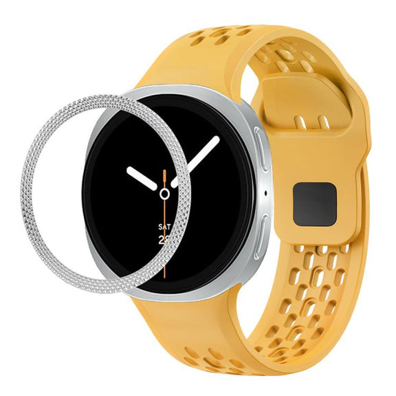 For Samsung Galaxy Watch8 44mm Rhombic Texture Bezel and Black Reverse Buckle Silicone Watch Band(Yellow Silver)