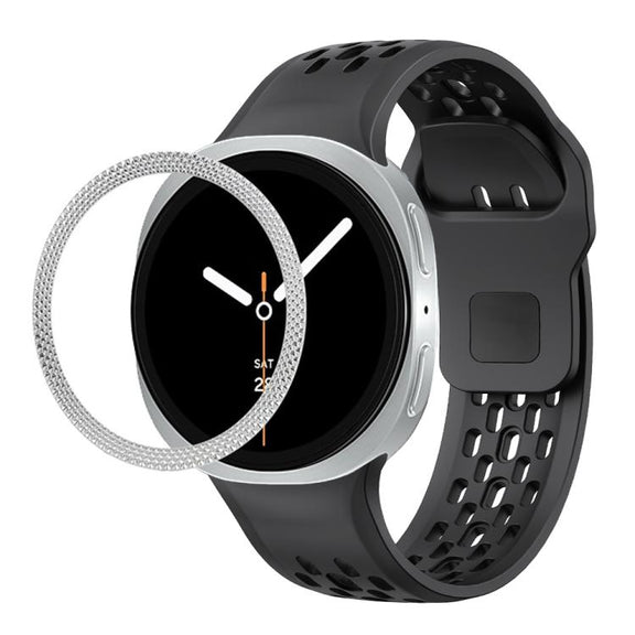 For Samsung Galaxy Watch8 44mm Rhombic Texture Bezel and Black Reverse Buckle Silicone Watch Band(Black Silver)