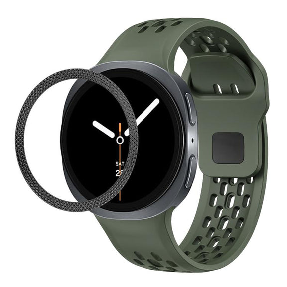 For Samsung Galaxy Watch8 44mm Rhombic Texture Bezel and Black Reverse Buckle Silicone Watch Band(Army Green Black)