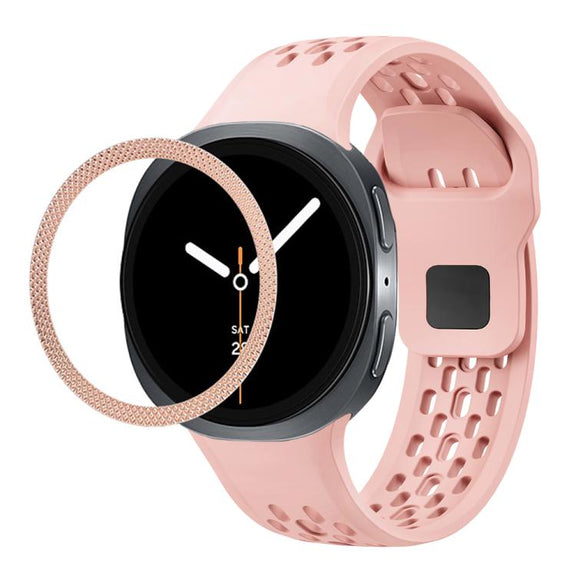 For Samsung Galaxy Watch8 44mm Rhombic Texture Bezel and Black Reverse Buckle Silicone Watch Band(Pink Rose Gold)