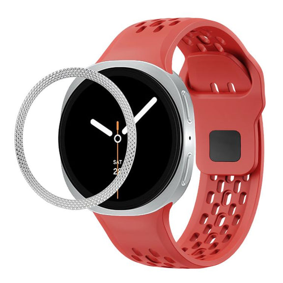 For Samsung Galaxy Watch8 40mm Rhombic Texture Bezel and Black Reverse Buckle Silicone Watch Band(Red Silver)