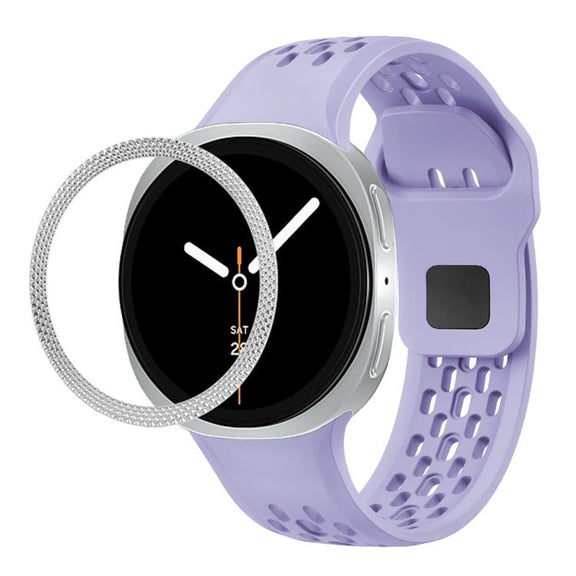 For Samsung Galaxy Watch8 40mm Rhombic Texture Bezel and Black Reverse Buckle Silicone Watch Band(Purple Silver)