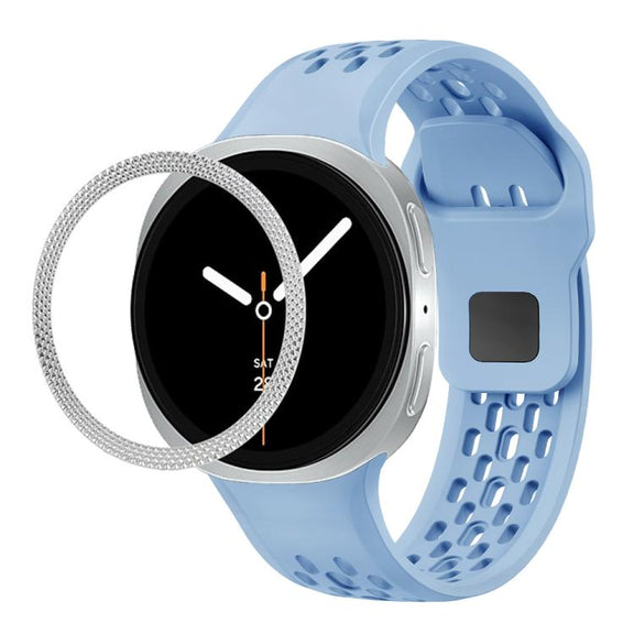For Samsung Galaxy Watch8 40mm Rhombic Texture Bezel and Black Reverse Buckle Silicone Watch Band(Light Blue Silver)