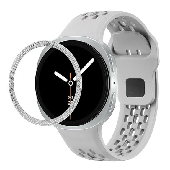For Samsung Galaxy Watch8 40mm Rhombic Texture Bezel and Black Reverse Buckle Silicone Watch Band(Gray Silver)