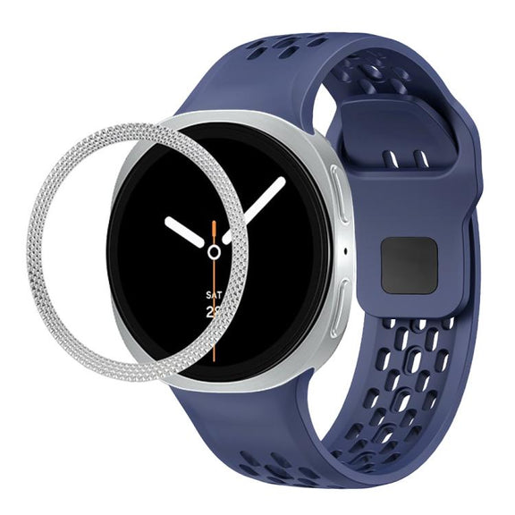 For Samsung Galaxy Watch8 40mm Rhombic Texture Bezel and Black Reverse Buckle Silicone Watch Band(Midnight Blue Silver)