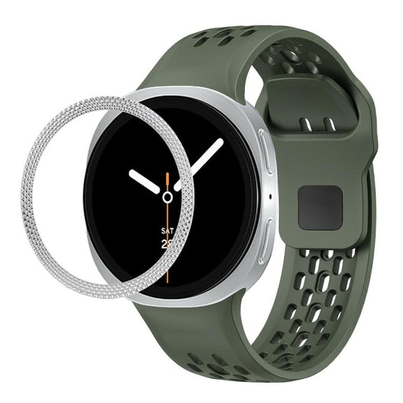 For Samsung Galaxy Watch8 40mm Rhombic Texture Bezel and Black Reverse Buckle Silicone Watch Band(Army Green Silver)