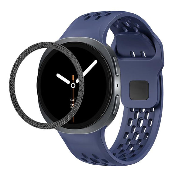 For Samsung Galaxy Watch8 40mm Rhombic Texture Bezel and Black Reverse Buckle Silicone Watch Band(Midnight Blue Black)
