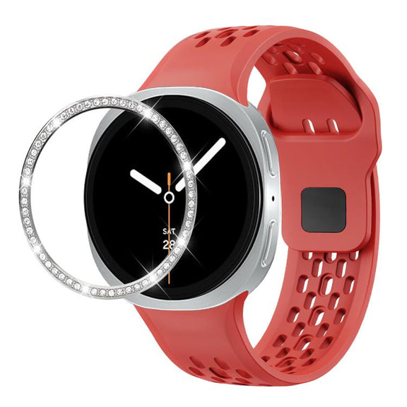 For Samsung Galaxy Watch8 44mm Diamond Bezel and Black Reverse Buckle Silicone Watch Band(Red Silver)