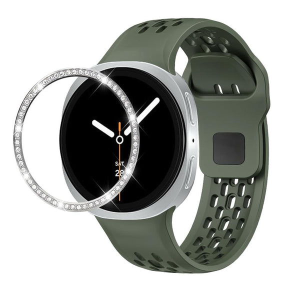 For Samsung Galaxy Watch8 44mm Diamond Bezel and Black Reverse Buckle Silicone Watch Band(Army Green Silver)