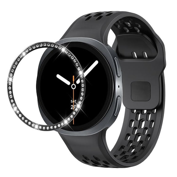 For Samsung Galaxy Watch8 44mm Diamond Bezel and Black Reverse Buckle Silicone Watch Band(Black Black)