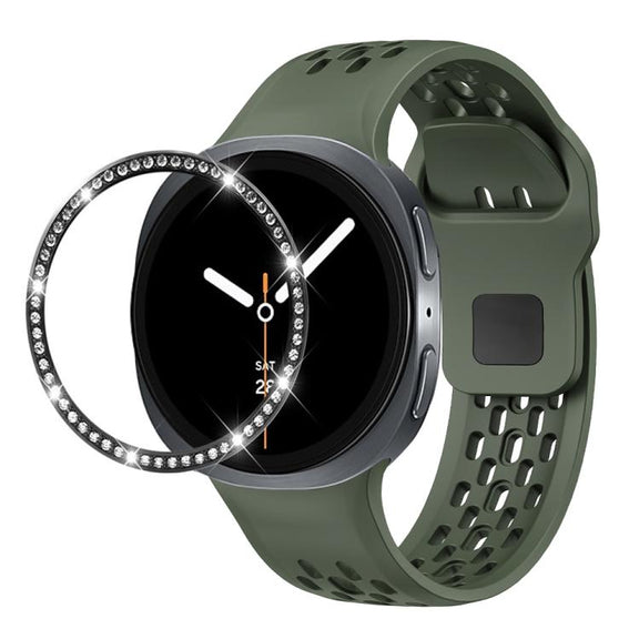 For Samsung Galaxy Watch8 44mm Diamond Bezel and Black Reverse Buckle Silicone Watch Band(Army Green Black)
