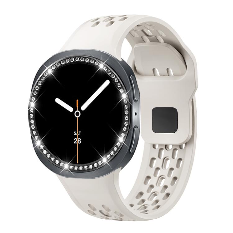 For Samsung Galaxy Watch8 44mm Diamond Bezel and Black Reverse Buckle Silicone Watch Band(Beige Black) - free shipping - PMC TechLife - Order now!