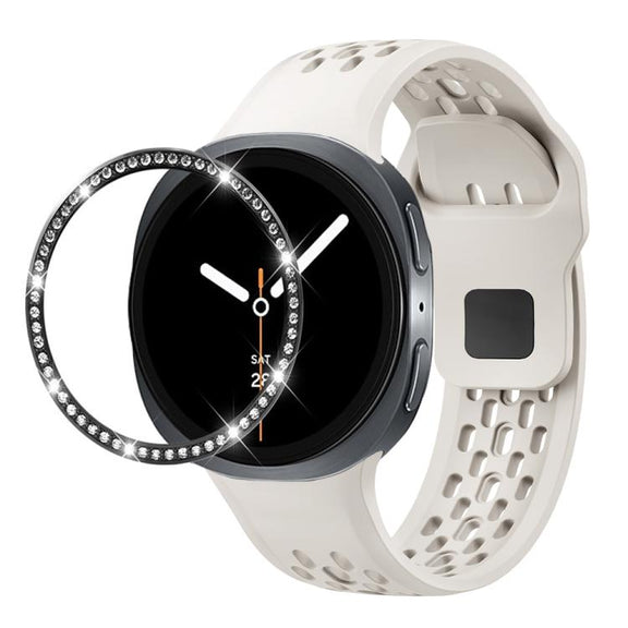 For Samsung Galaxy Watch8 44mm Diamond Bezel and Black Reverse Buckle Silicone Watch Band(Beige Black)