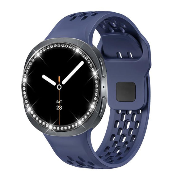 For Samsung Galaxy Watch8 44mm Diamond Bezel and Black Reverse Buckle Silicone Watch Band(Midnight Blue Black)