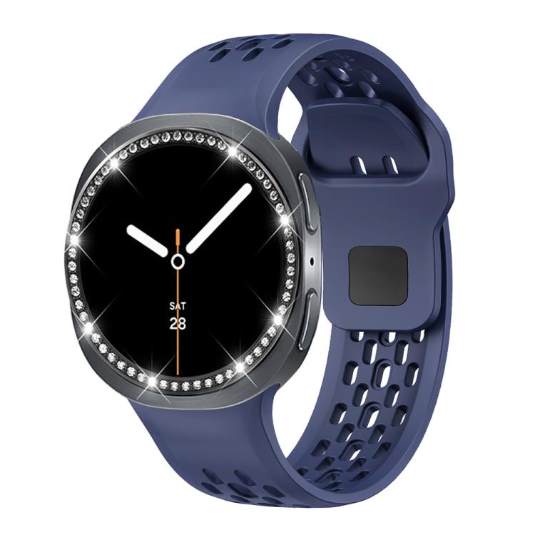 For Samsung Galaxy Watch8 44mm Diamond Bezel and Black Reverse Buckle Silicone Watch Band(Midnight Blue Black)