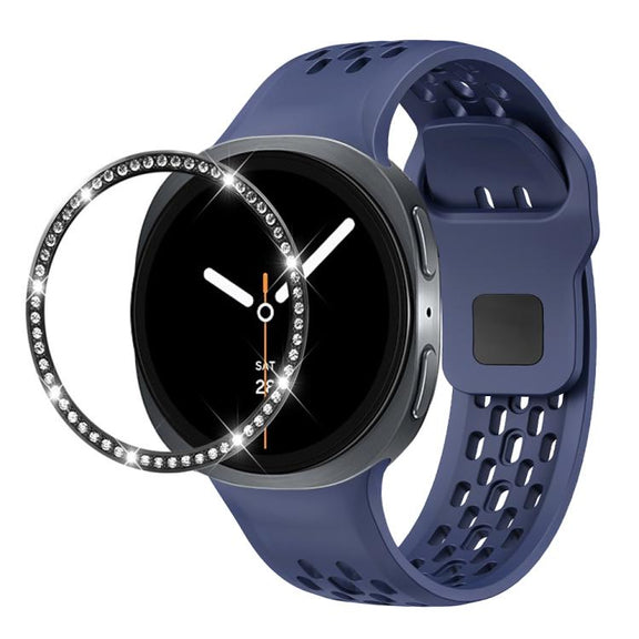 For Samsung Galaxy Watch8 44mm Diamond Bezel and Black Reverse Buckle Silicone Watch Band(Midnight Blue Black)