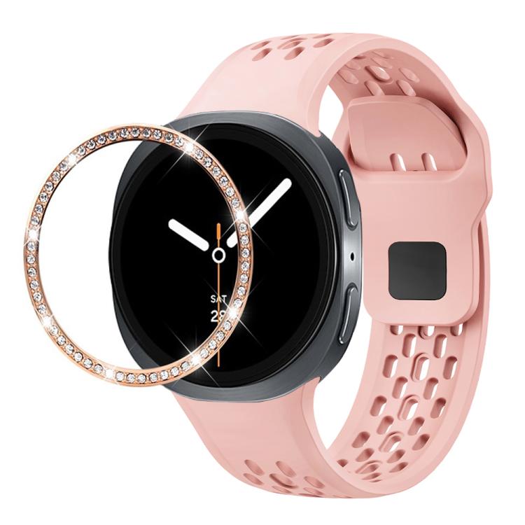 For Samsung Galaxy Watch8 44mm Diamond Bezel and Black Reverse Buckle Silicone Watch Band(Pink Rose Gold) - free shipping - PMC TechLife - Order now!