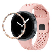 For Samsung Galaxy Watch8 44mm Diamond Bezel and Black Reverse Buckle Silicone Watch Band(Pink Rose Gold)